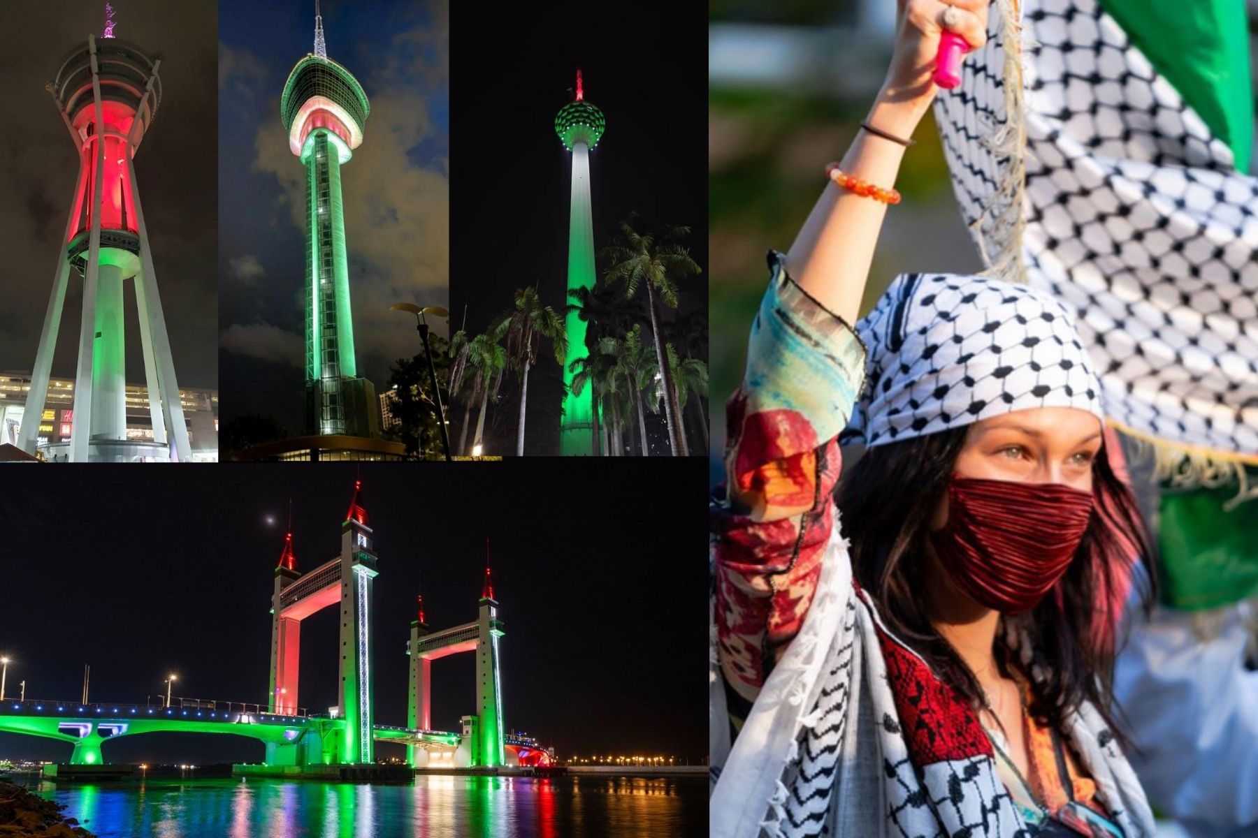 KL Tower, Kuantan Tower 188, Alor Setar Tower, and Terengganu Drawbridge illuminated in red, black, white, and green until the end of the week.