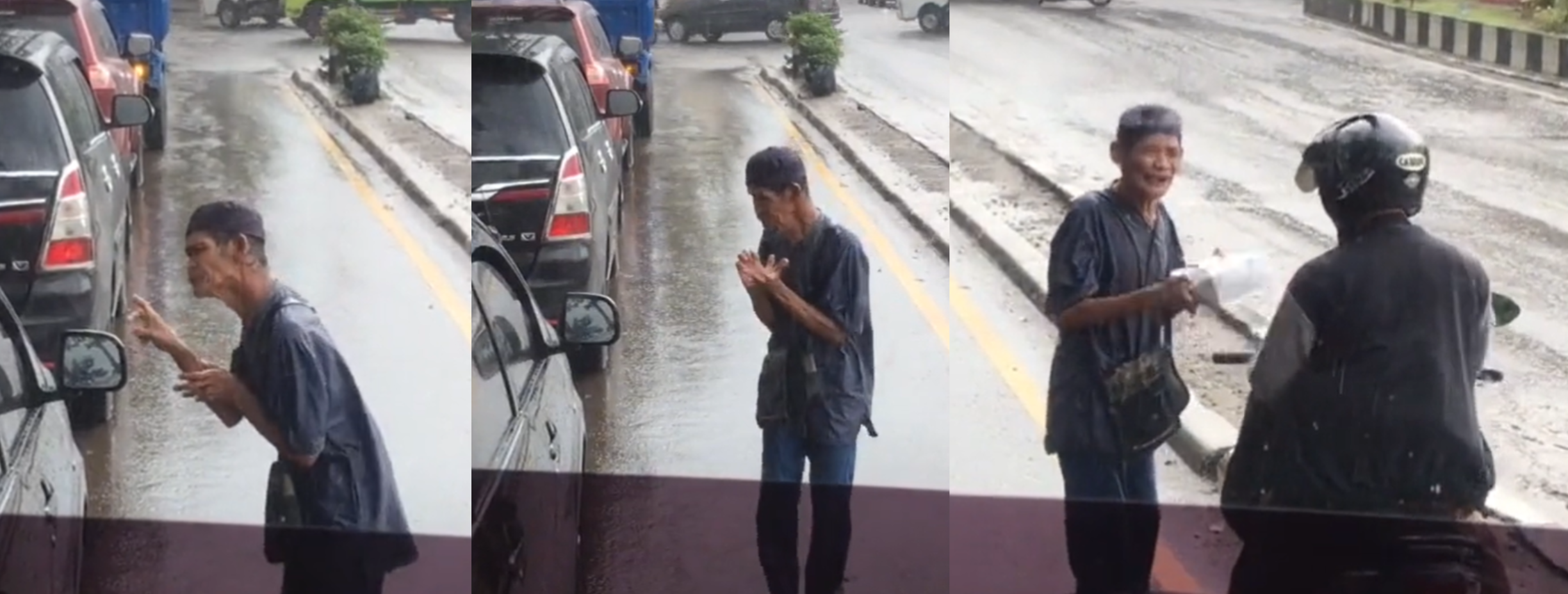 The “hero” stopped his bike and handed the drenched OKU man food as an act of kindness.