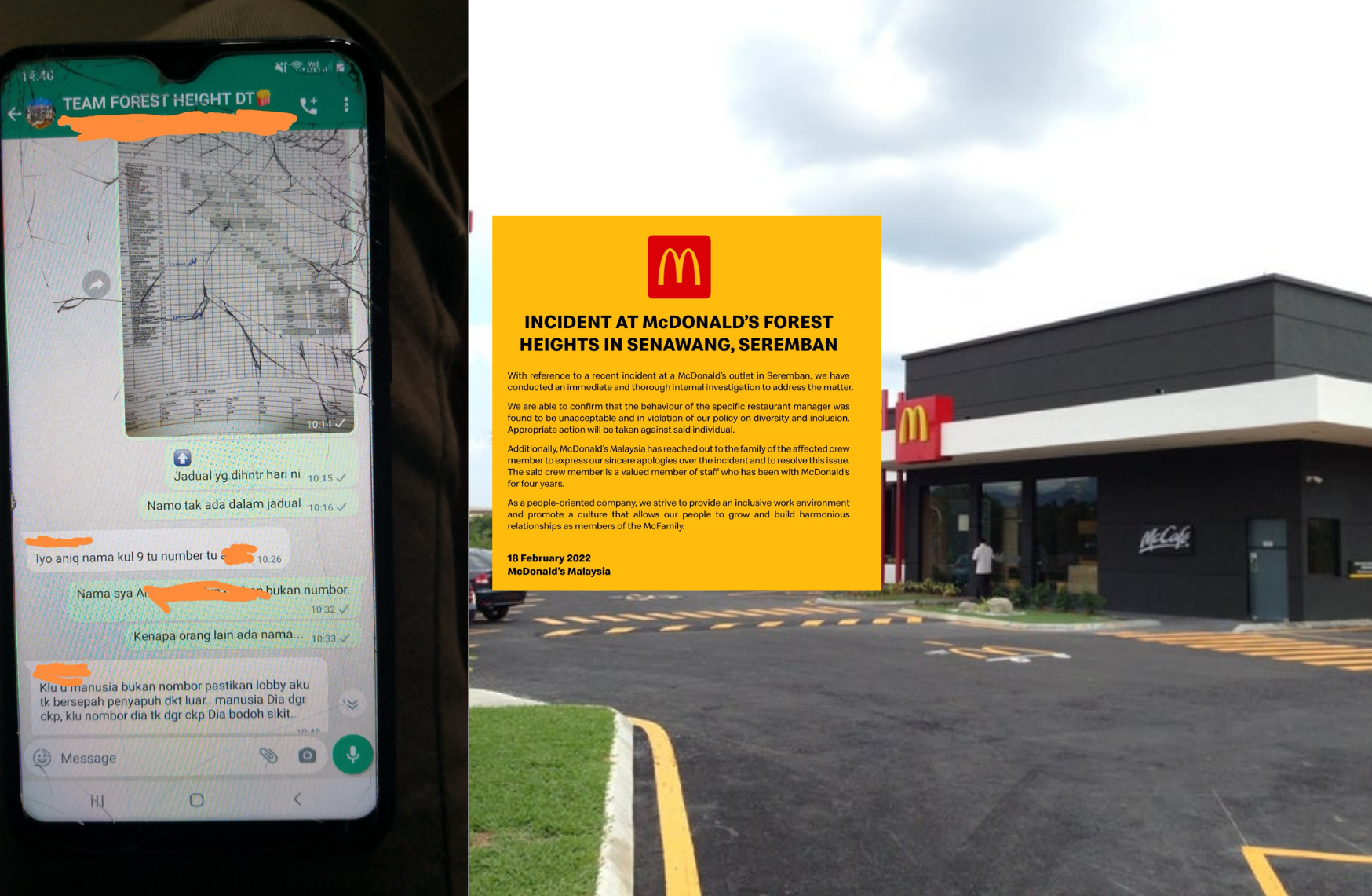 The manager had condemned the employee in their group chat and it had angered the brother of the OKU employee.