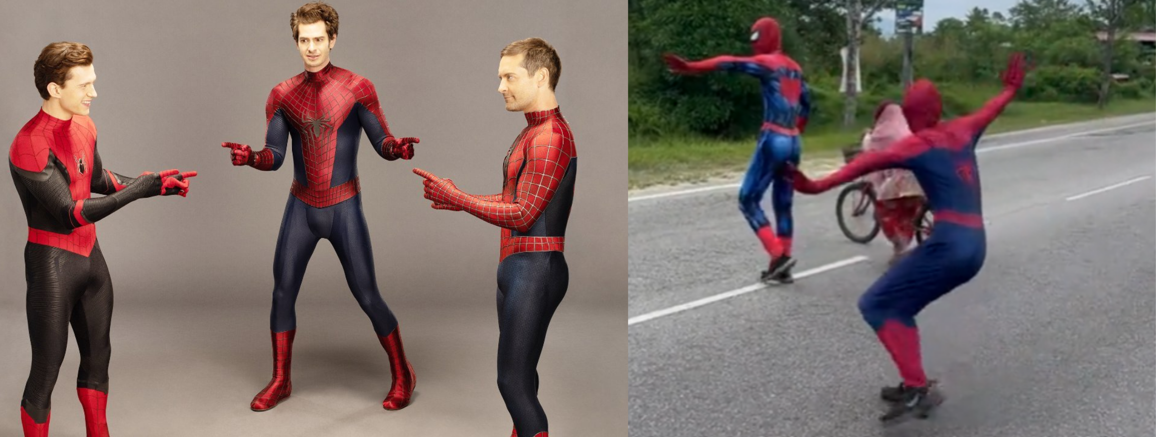 Two Spider-Men wandered around and found themselves helping an old lady crossing the road in Malaysia.